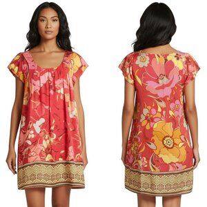 Hale Bob Silk Floral Boho Shift Dress S Coral Pink Yellow Resort Wear Party Boho